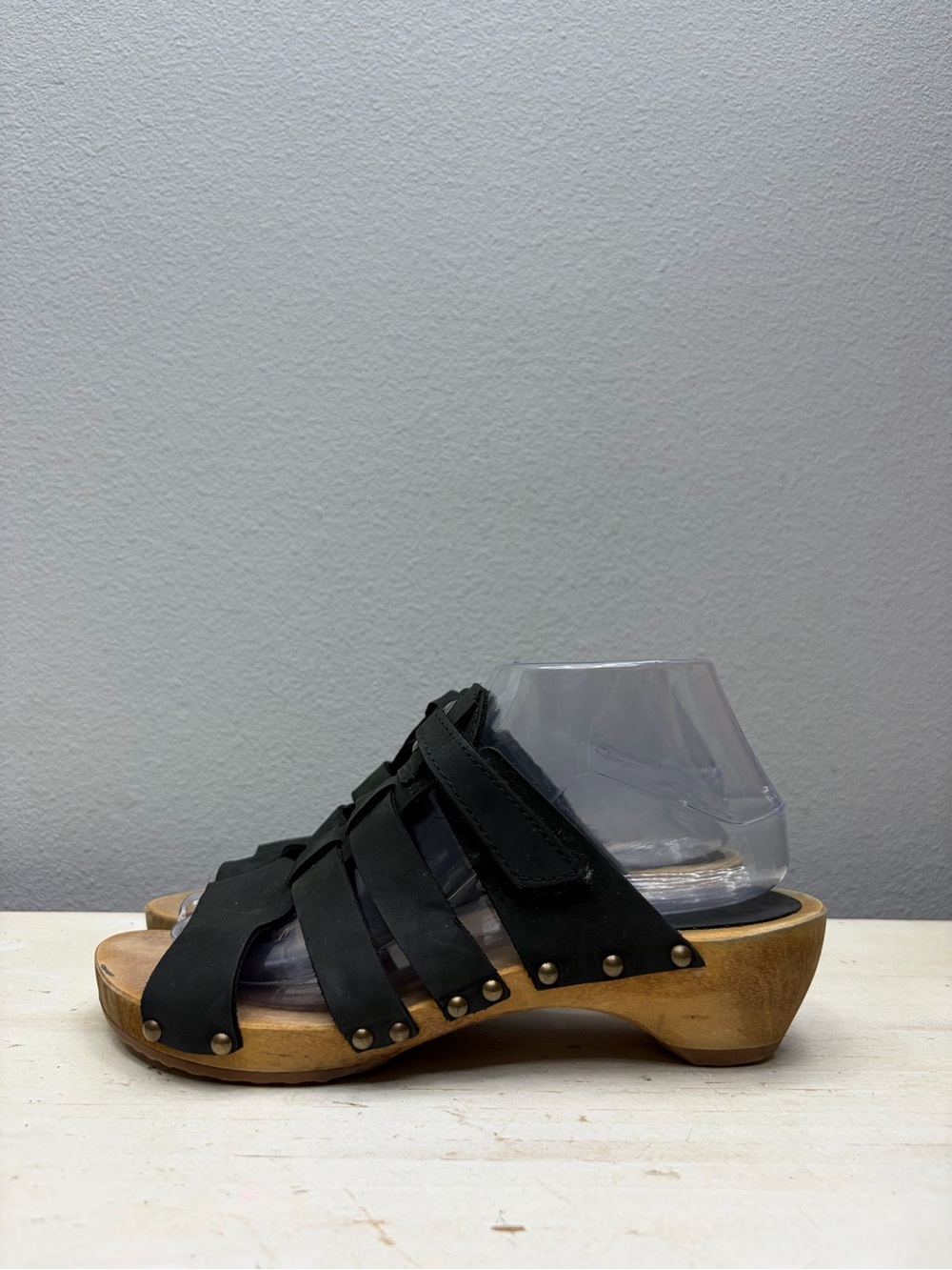 Sanita Black Leather Wooden Slide Sandals Size 39